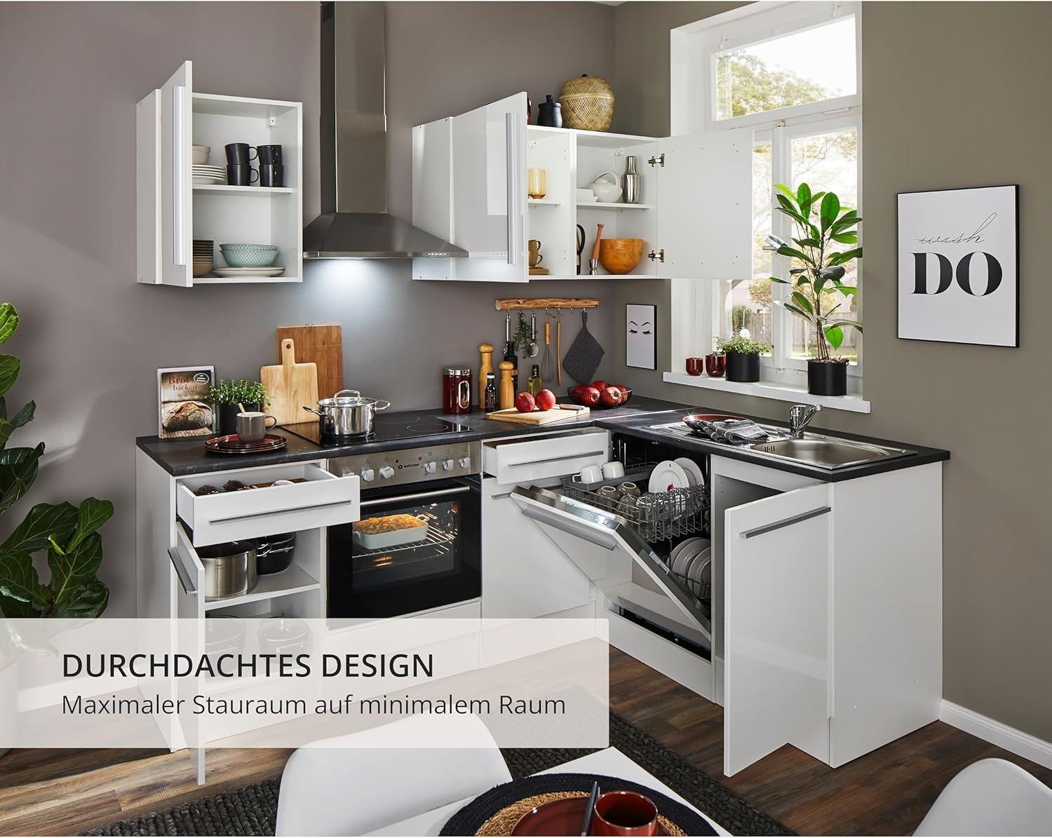 Stella Trading Jazz 8 Moderne Eckküche mit Elektrogeräten in Weiß Hochglanz, Metallic Grau - Geräumige Küchenzeile in L-Form mit viel Stauraum - 220 x 211 x 60 cm (B/H/T)