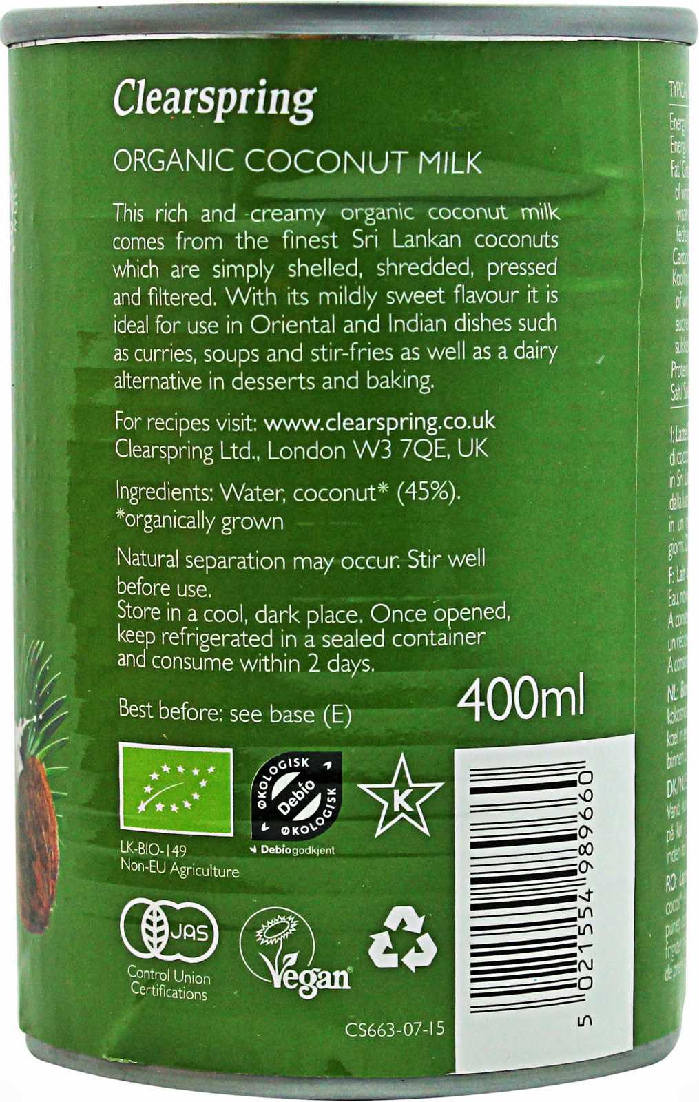 Leite de coco orgânico Clearspring Wholefoods 400ml