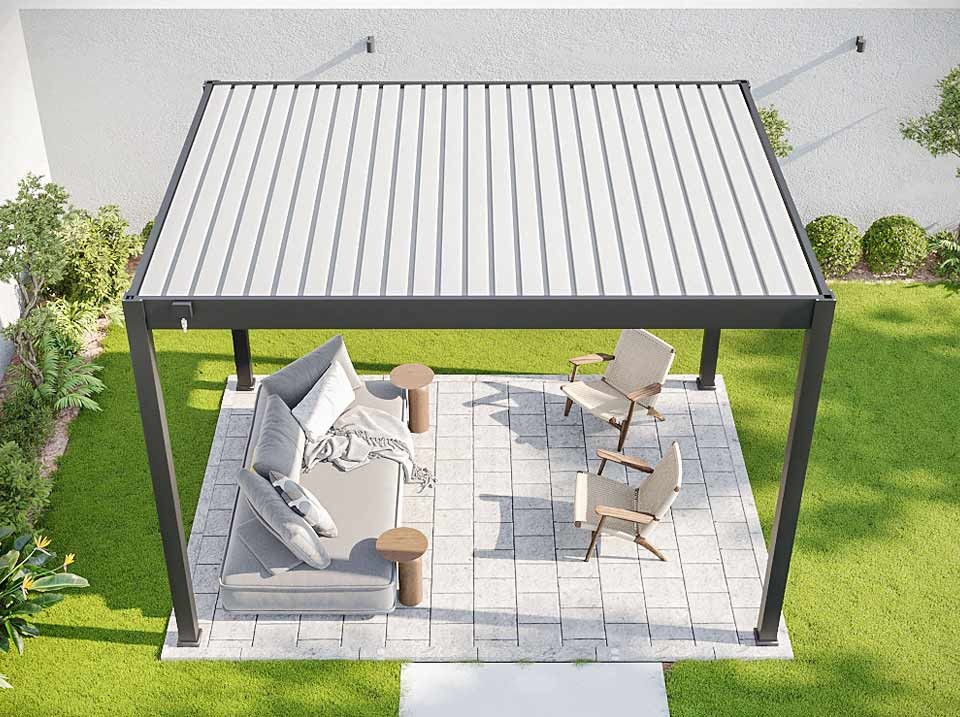 Pergola bioclimatique 3x4m - eclipse 12m² - gris - autoportee - aluminium - lames en acier galvanisé - lames orientables de 0 à 120°