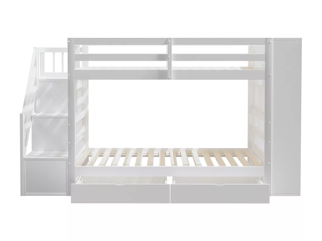Lit superposé 90x200cm en bois - avec 2 tiroirs & bibliothèque - Blanc