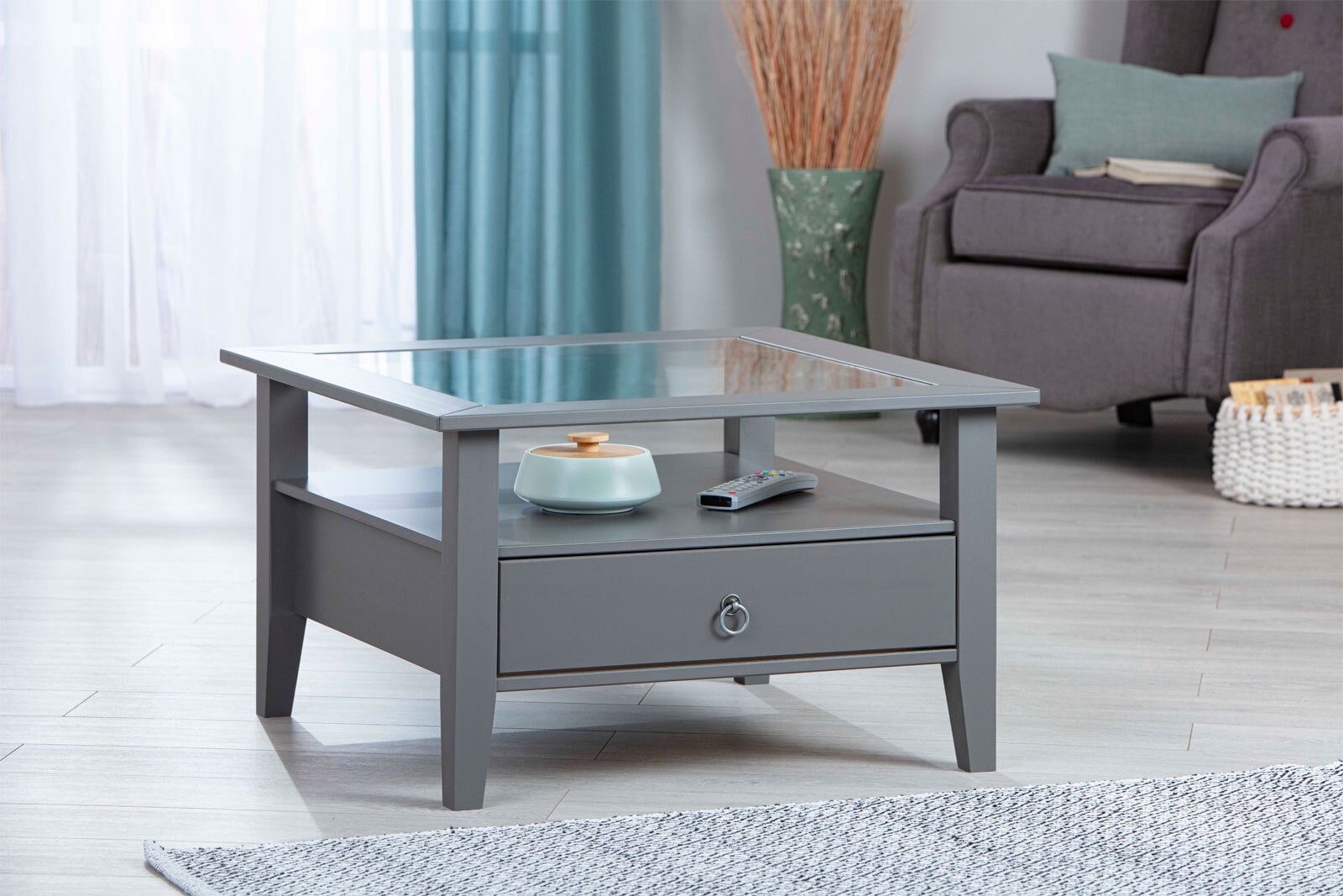 Couchtisch VALENTIN 75x45x75 cm Massivholz Kiefer grau