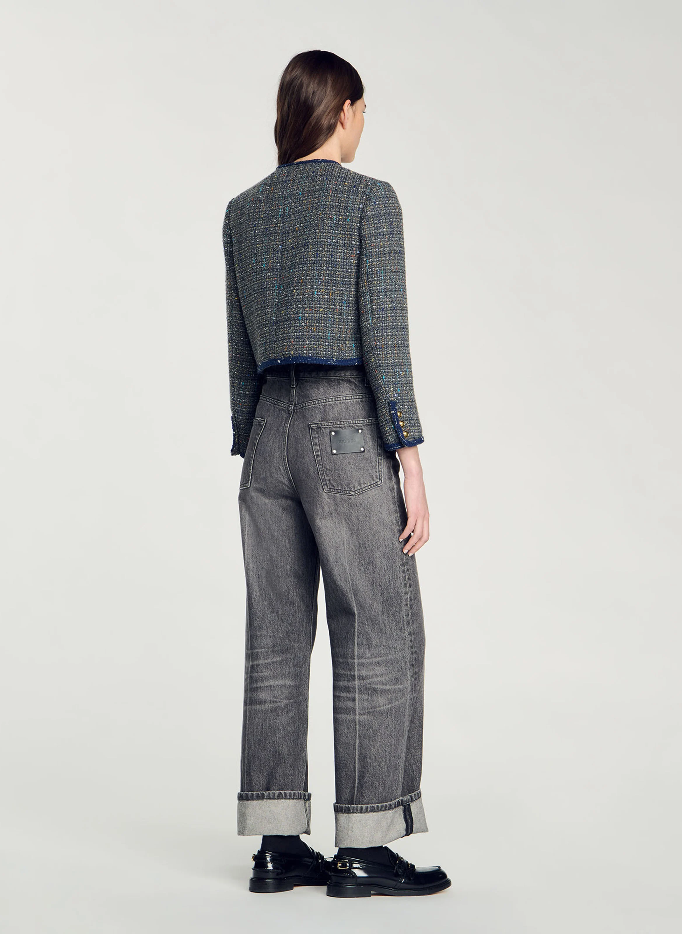 Veste droite col rond en tweed | Gris