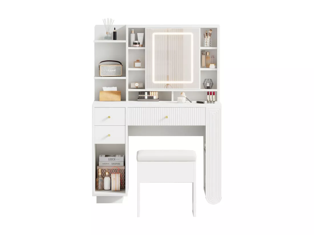 Coiffeuse avec 3 tiroirs, étagères ouvertes, miroir et tabouret - 100 x 40 x 138 cm - LEDs - Panneau de particules - Blanc