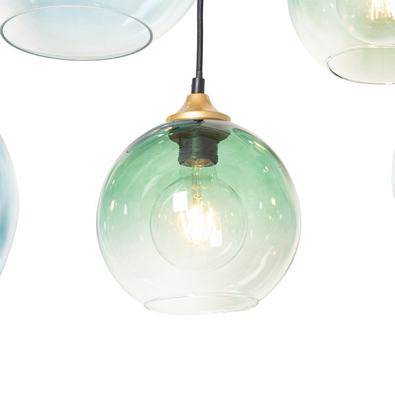 Hanglamp messing met blauw en groen glas 8-lichts - Sandra