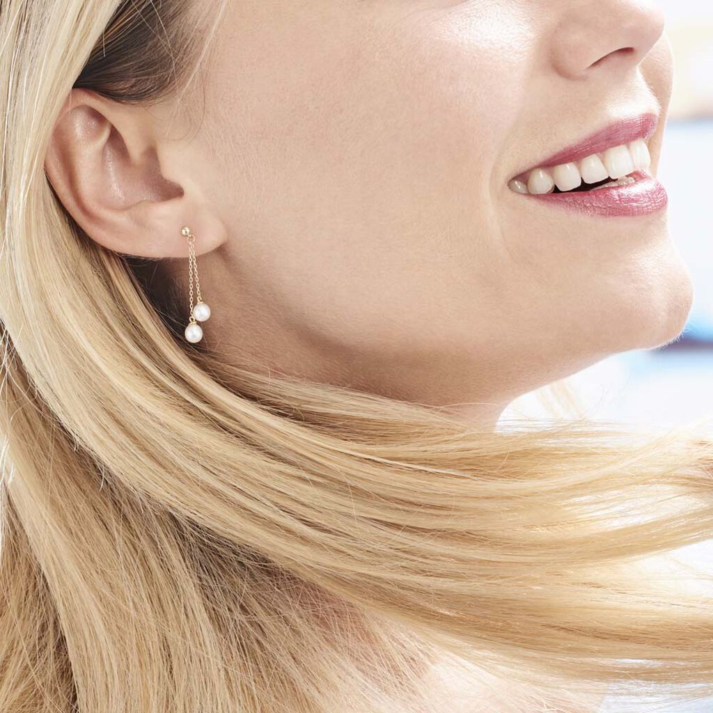 Boucles D'oreilles Pendantes Carrine 2 Fils Or Jaune Perle De Culture