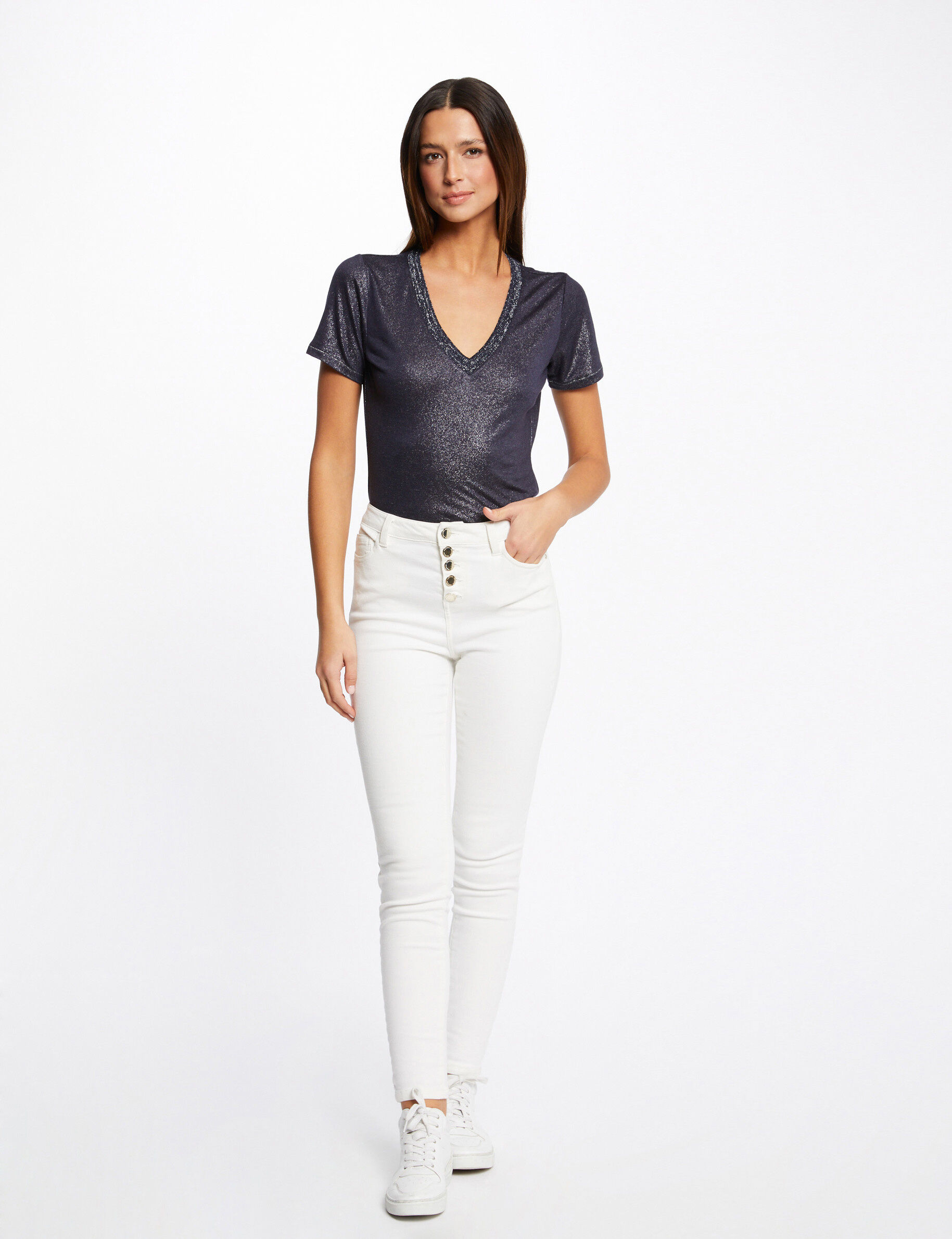T-shirt manches courtes col en V marine femme - marine