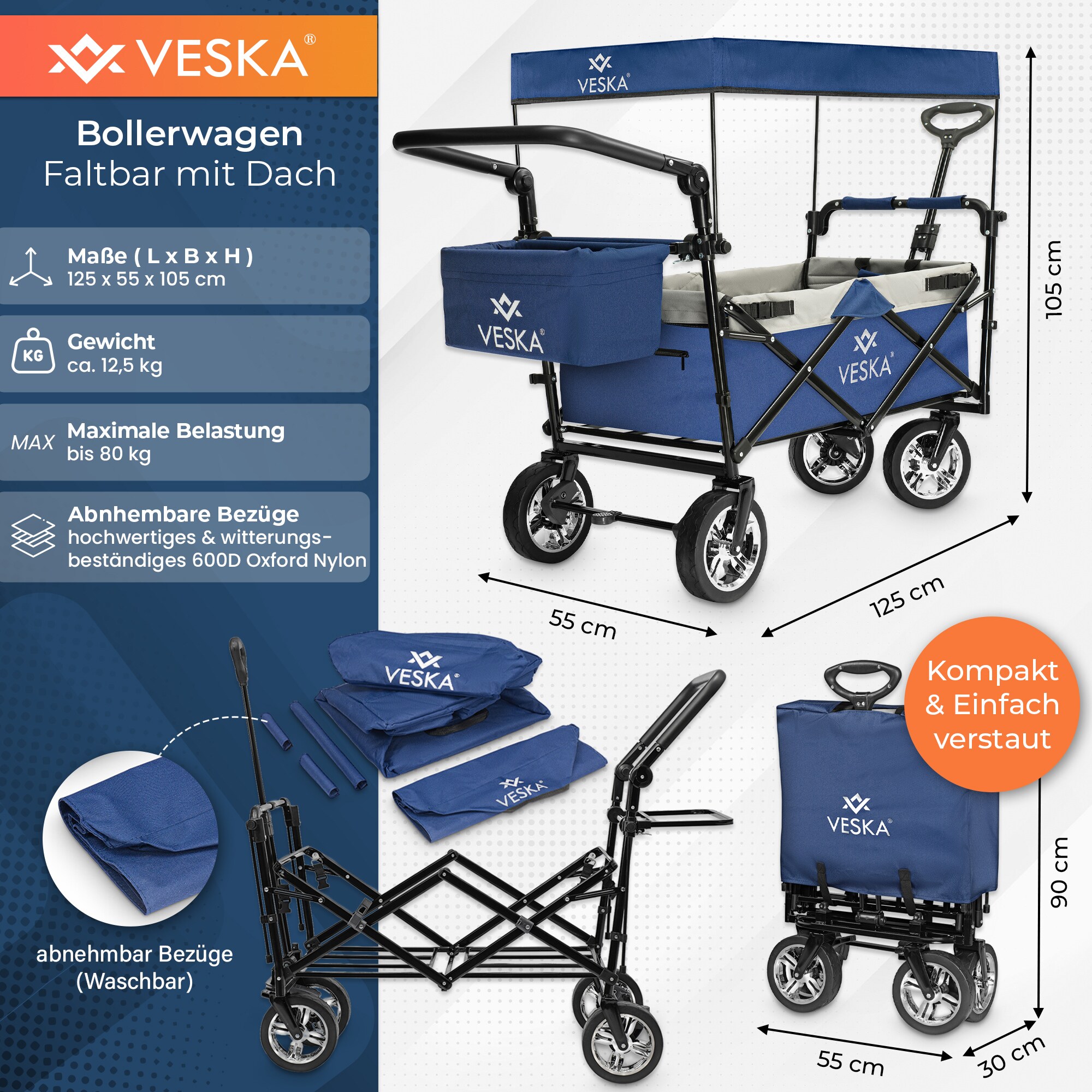VESKA Bollerwagen faltbar mit Dach Handwagen Transportwagen anthrazit/grau