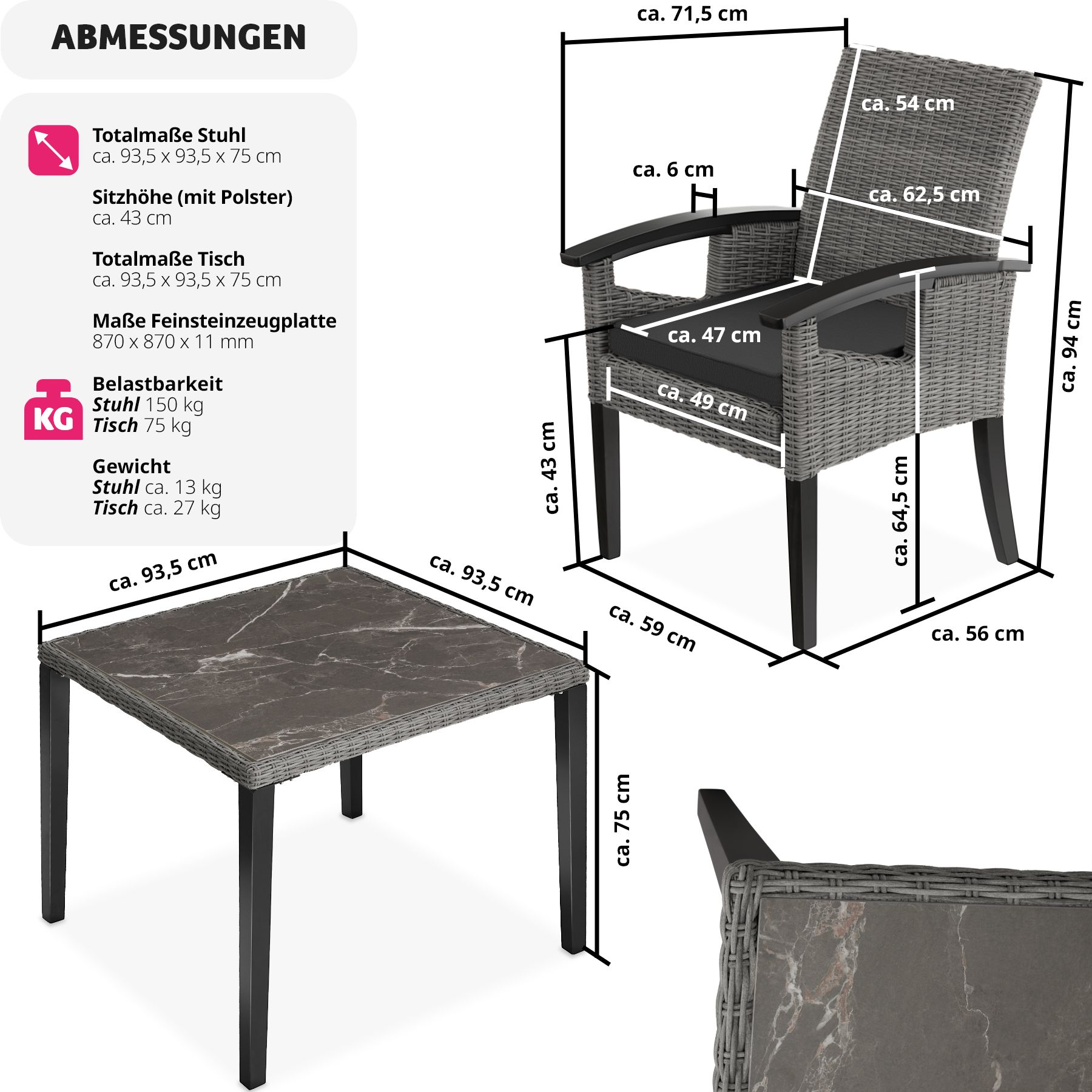 tectake® Rattan Tisch Tarent mit 4 Stühlen Rosarno, mit Holzgestellen, wetterfest und UV-beständig, Armlehnen und Füße aus Holz