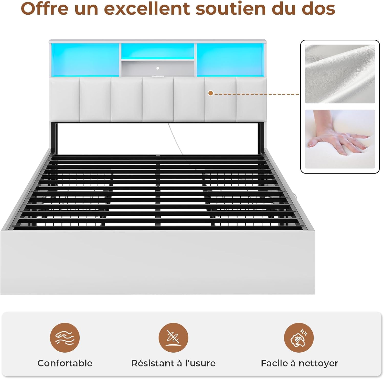 AOGLLATI Bett 140×200 cm, Polsterbett mit Ladestation und LED-Beleuchtung, Doppelbett Stauraumbett mit Stauraum Kopfteil, 4 Schubladen, Lattenrost, ohne Matratze(für 140 x 200 cm Matratze), weiß