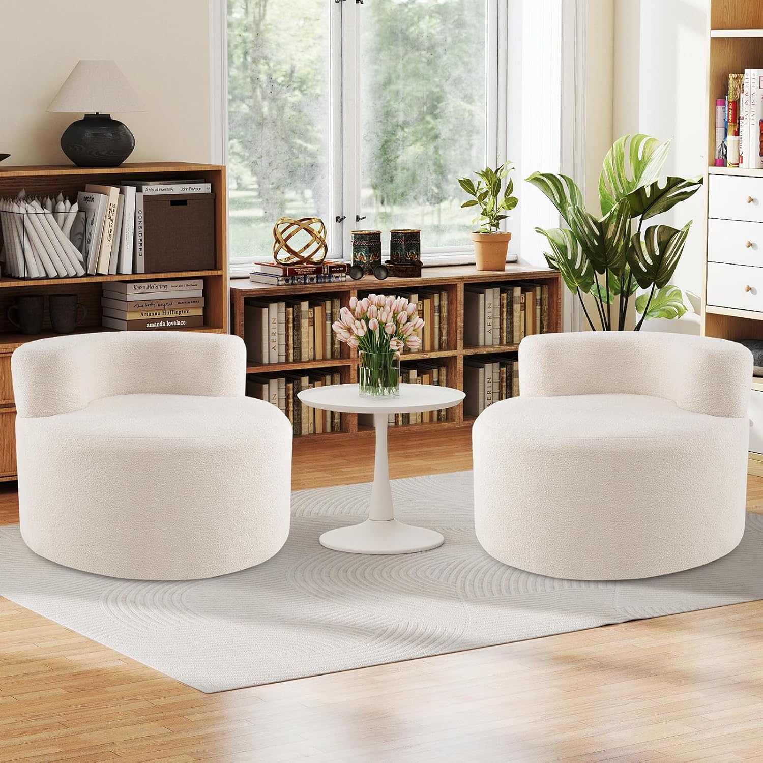 GOPLUS Einzelsofa rund, Sofa 82cm mit weichem Teddyfleece & geschwungener Rückenlehne, bequemer Einzelsessel mit abnehmbarem Bezug, Sofasessel für Wohnzimmer, Schlafzimmer, Projektionsraum (Beige)