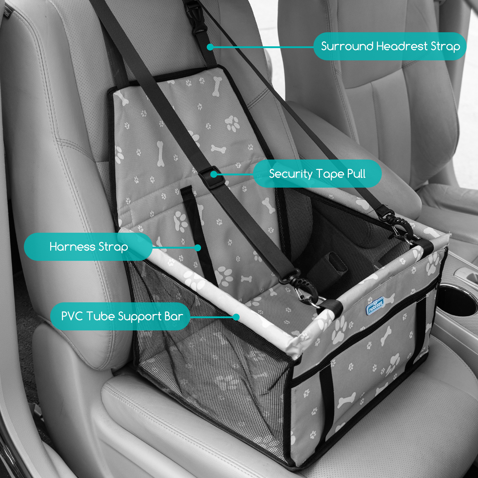 Nobleza - Reforço para Assento de Carro para Cães, Assento de Segurança para Animais de Estimação, Bolsa de Viagem Dobrável e Lavável para Cães e Outros Animais de Pequeno Porte com Bolso com Zíper, 40 * 34 * 25 cm, Cinza