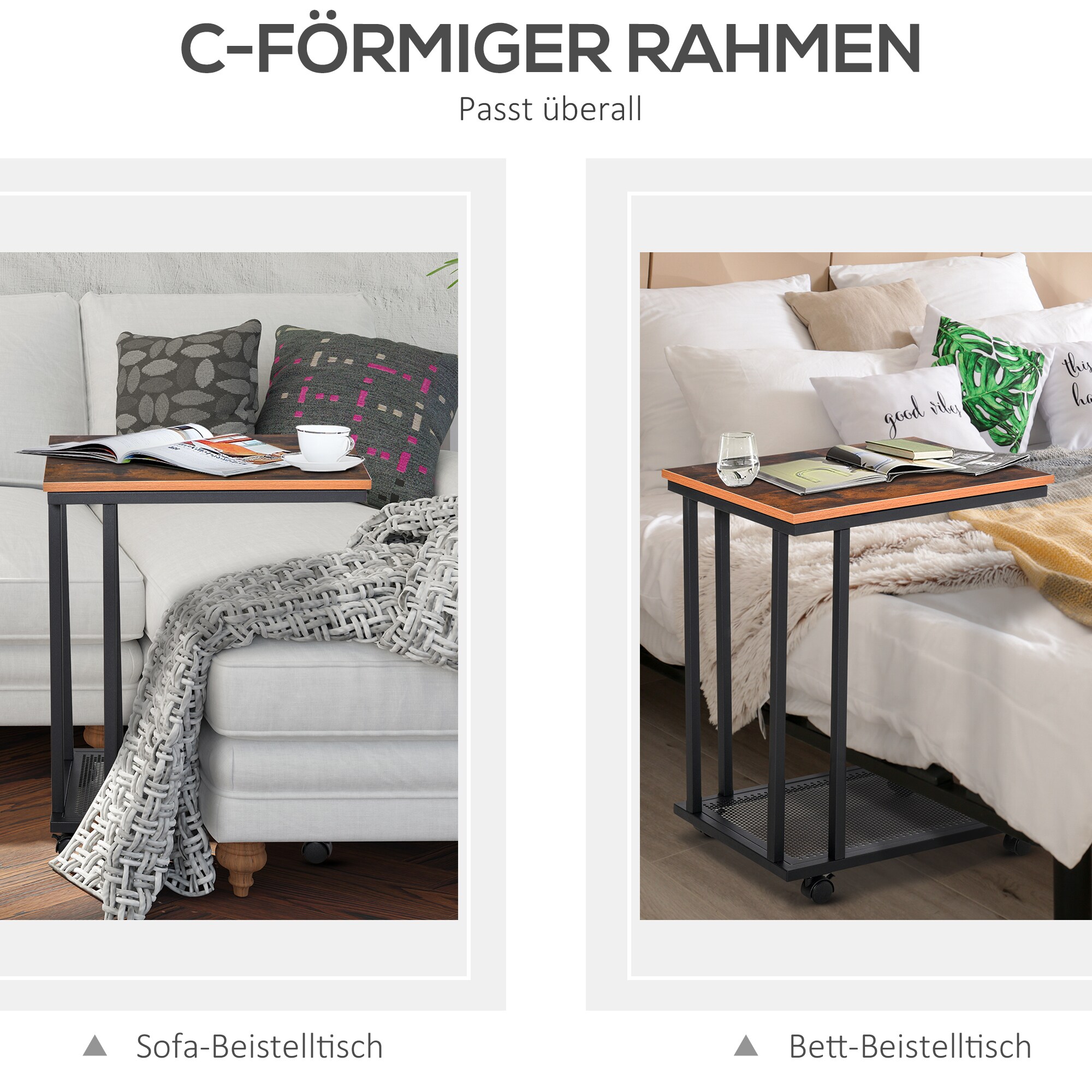 HOMCOM Rollbarer Beistelltisch in C-Form schwarz 51 x 36 x 61 cm (LxBxH)