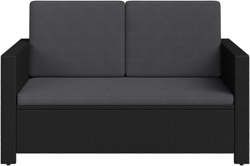 STEELSØN Gartenbank Elnath aus Polyrattan, Gartensofa für 2 Personen, Balkonmöbel 2er Sofa mit Polster wetterfest, Terrassenmöbel in schwarz/anthrazit 73x65x130 cm (HxTxB)