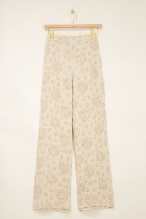 Beige jacquard broek met bloemen
