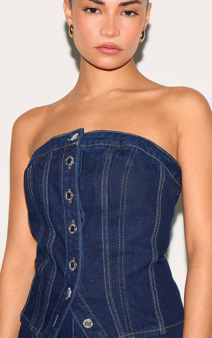 Bleu Indigo Foncé Corset Bustier Petite À Coutures Contrastées