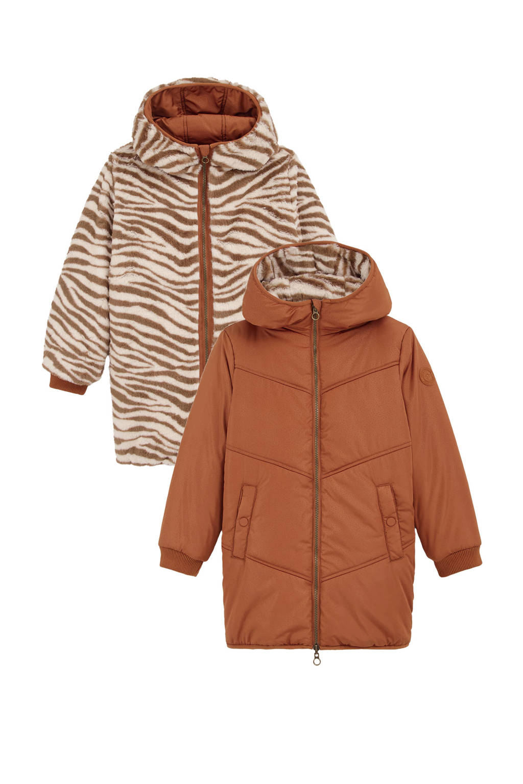 WE Fashion gewatteerde winterjas met dierenprint bruin/ecru