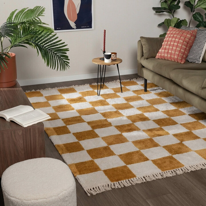 Checkerboard vloerkleed - Blox Fringe Okergeel