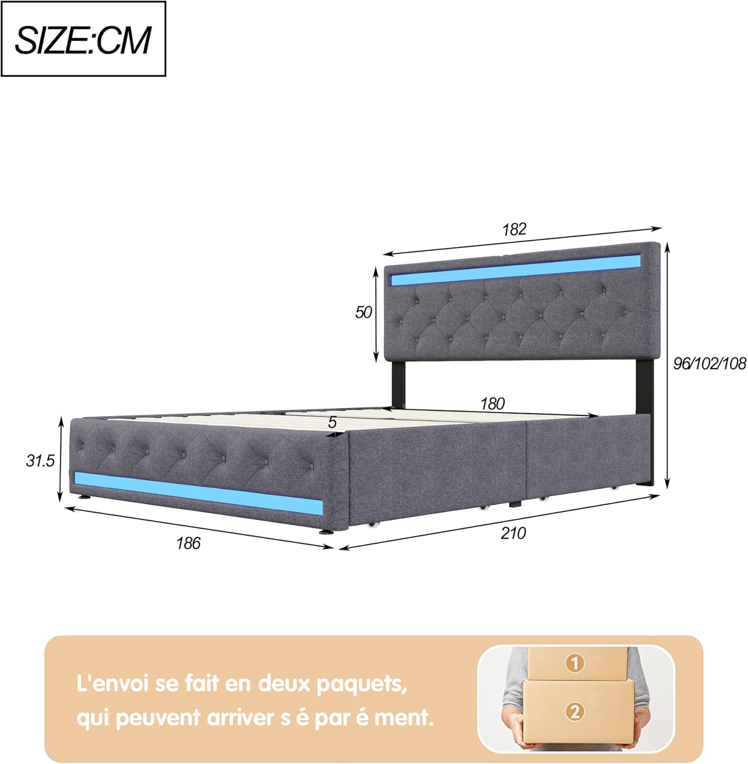 Polsterbett Doppelbett 180x200 cm, Stauraumbett mit 4 Schubladen, Bett 180x200 mit Bettkasten und Lattenrost, LED Kopfteil mit USB Ladestation, Jugendbett Funktionsbett Rückenlehne Bett, Leinen