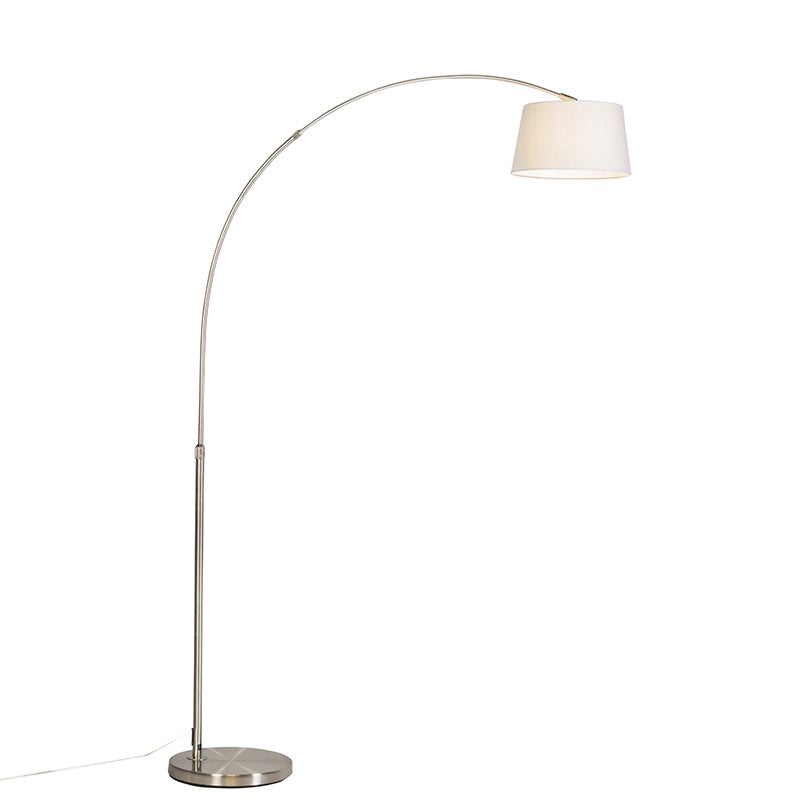 QAZQA - Moderne booglamp van staal | Zilver | Mat nikkel met witte stoffen kap - Arc Basic | Woonkamer - Rond staal - LED-compatibel E27