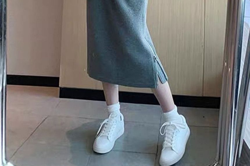 innomori - Set: effen hoodie met rits aan de zijkant + rechte midi-rok met hoge taille