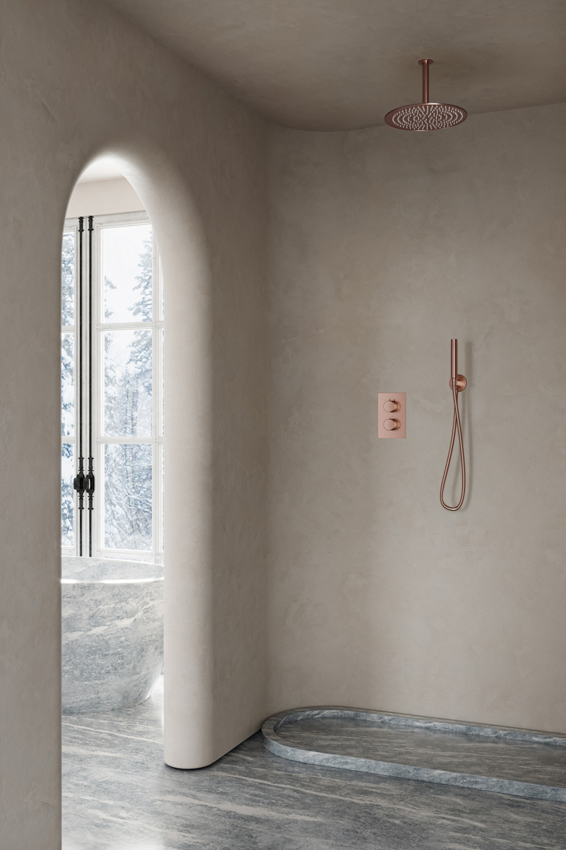 Saniclear Copper inbouw regendouche met plafondarm en 30cm hoofddouche geborsteld koper