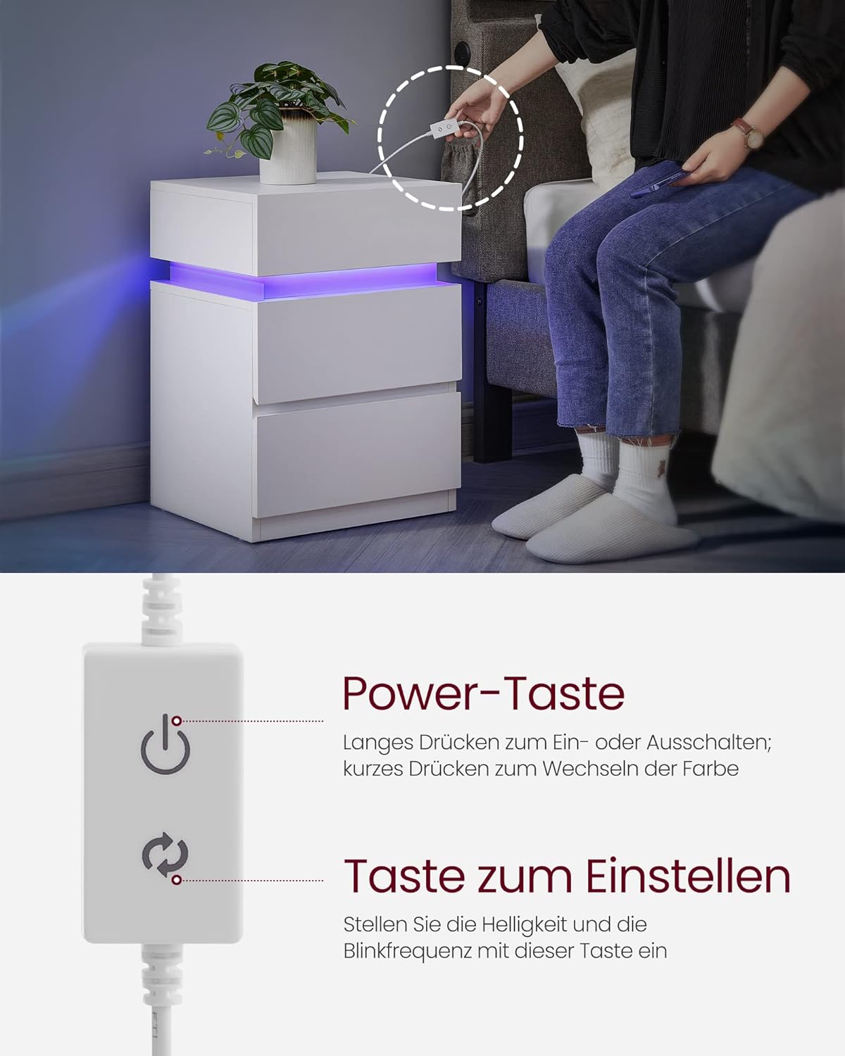 VASAGLE Kailyn Kollektion - Nachttisch 2er Set, LED-Beleuchtung, Beistelltisch, Sofatisch 3 Schubladen, Nachtschrank Schlafzimmer Wohnzimmer, modern, 35 x 40 x 55 cm, wolkenweiß LET0830W01
