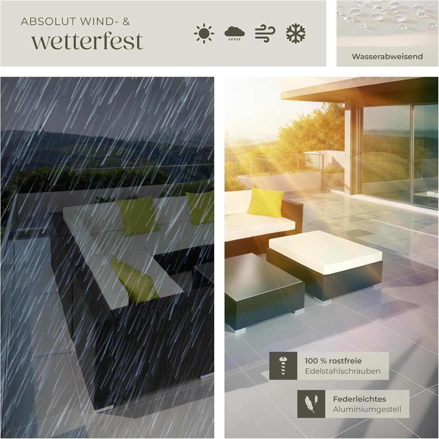 tectake® Poly Rattan Lounge, Garten Loungemöbel Set für 6 Personen, große Sitzgruppe mit L-Form Sofa und Esstisch Outdoor, Gartenmöbel wetterfest, Terrassenmöbel inkl. Hocker und Kissen - schwarz