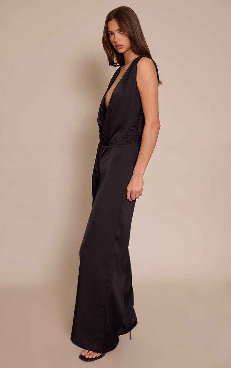 Noir Combinaison-pantalon En Satin À Décolleté Plongeant Et Taille Basse