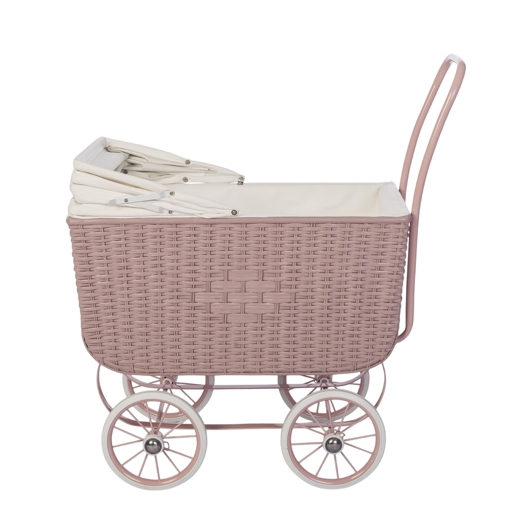 Rattan Puppenwagen - rosa