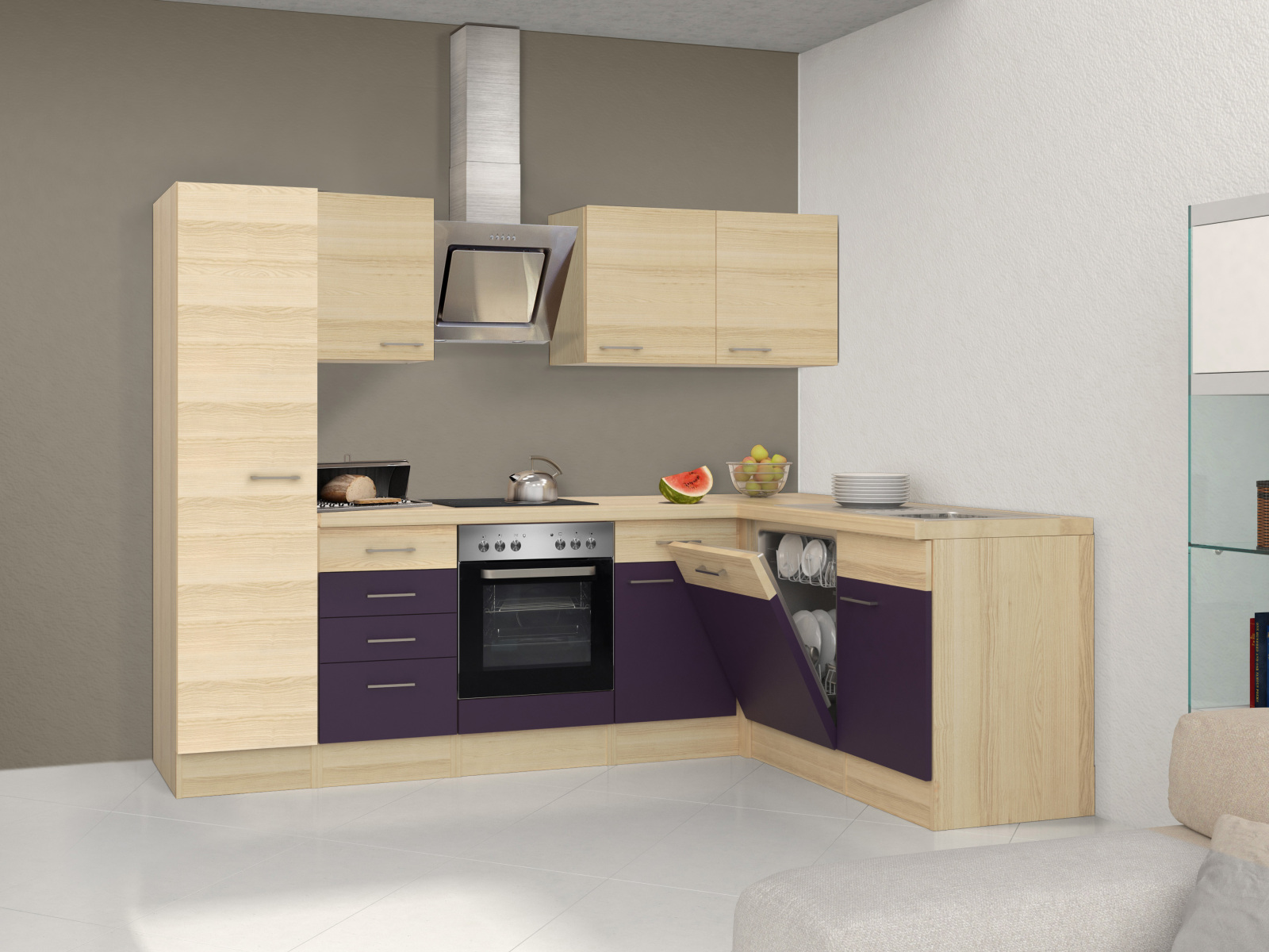 Winkelküche FOCUS - Akazie-Aubergine - mit E-Geräten - 270x170 cm