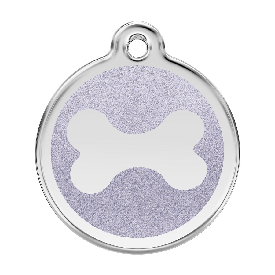 Etiqueta de identificação para cães em formato de osso prateado com glitter.
