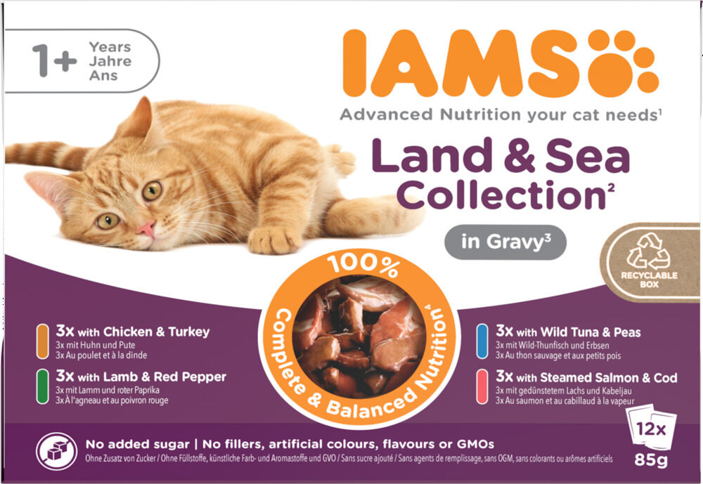 IAMS Delights Adult Land & Sea in Saus - Kattenvoer - 12x85 gram - 1020 Gram - vis, vlees