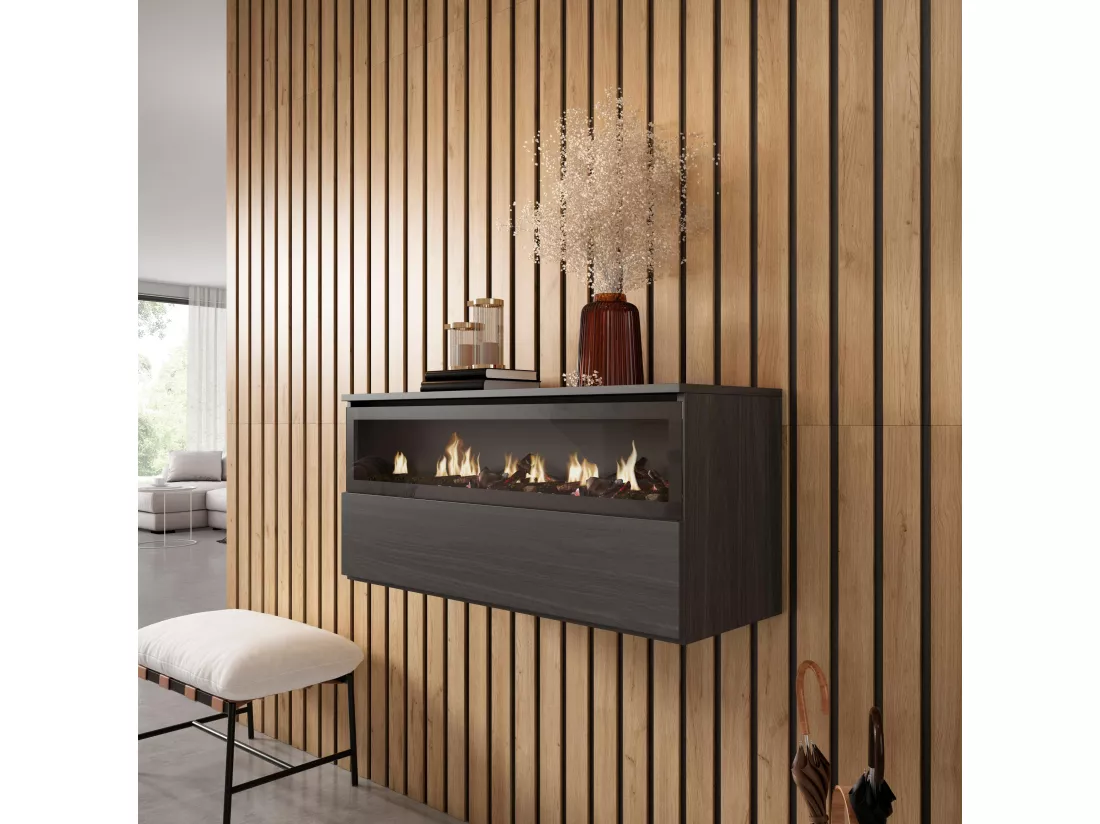 Cheminée électrique LED, 102x45x35cm, Cheminée électrique, Suspendu, Mural, Noir