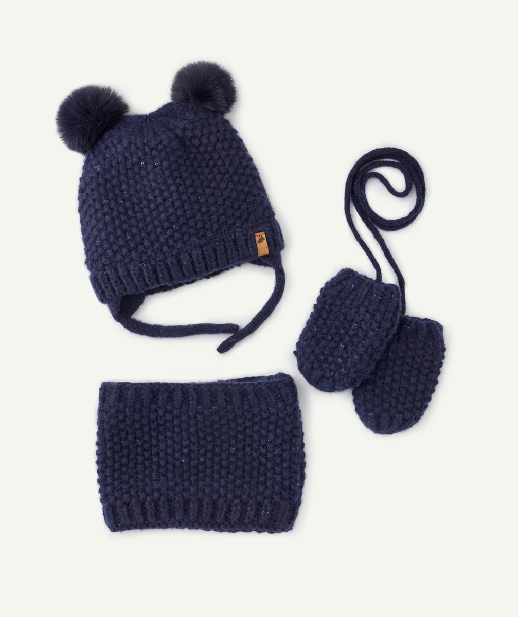 SET BLEU MARINE TRICOT BÉBÉ FILLE AVEC POMPONS EN FIBRES RECYCLÉES