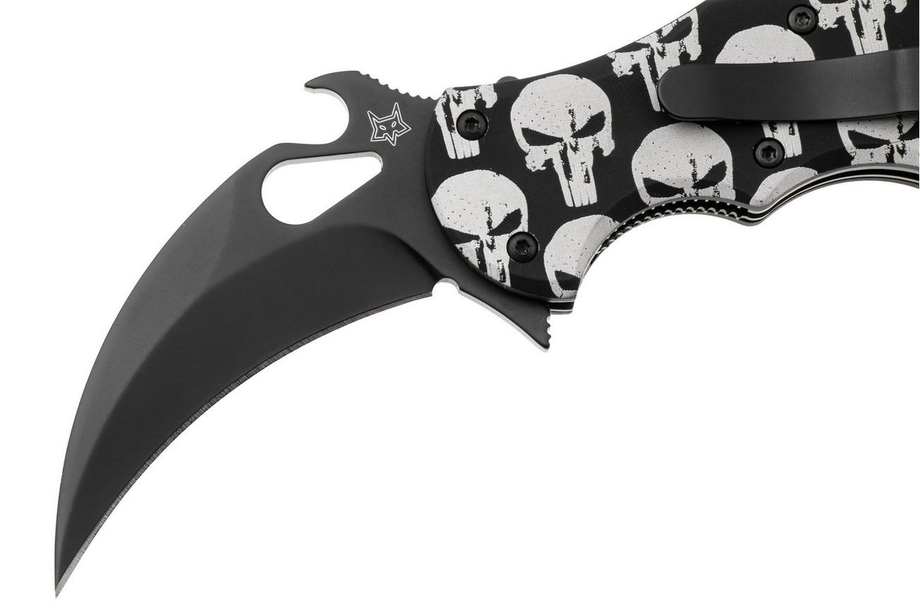 Fox FX-599 ALB-5 Skull Pattern, Black Idroglider Böhler N690Co, Engraved Aluminum, karambitmes