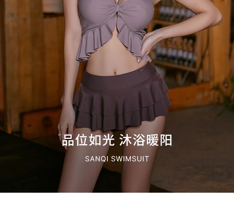 SANQI - Halter-hals tweekleurige geplooide bikiniset