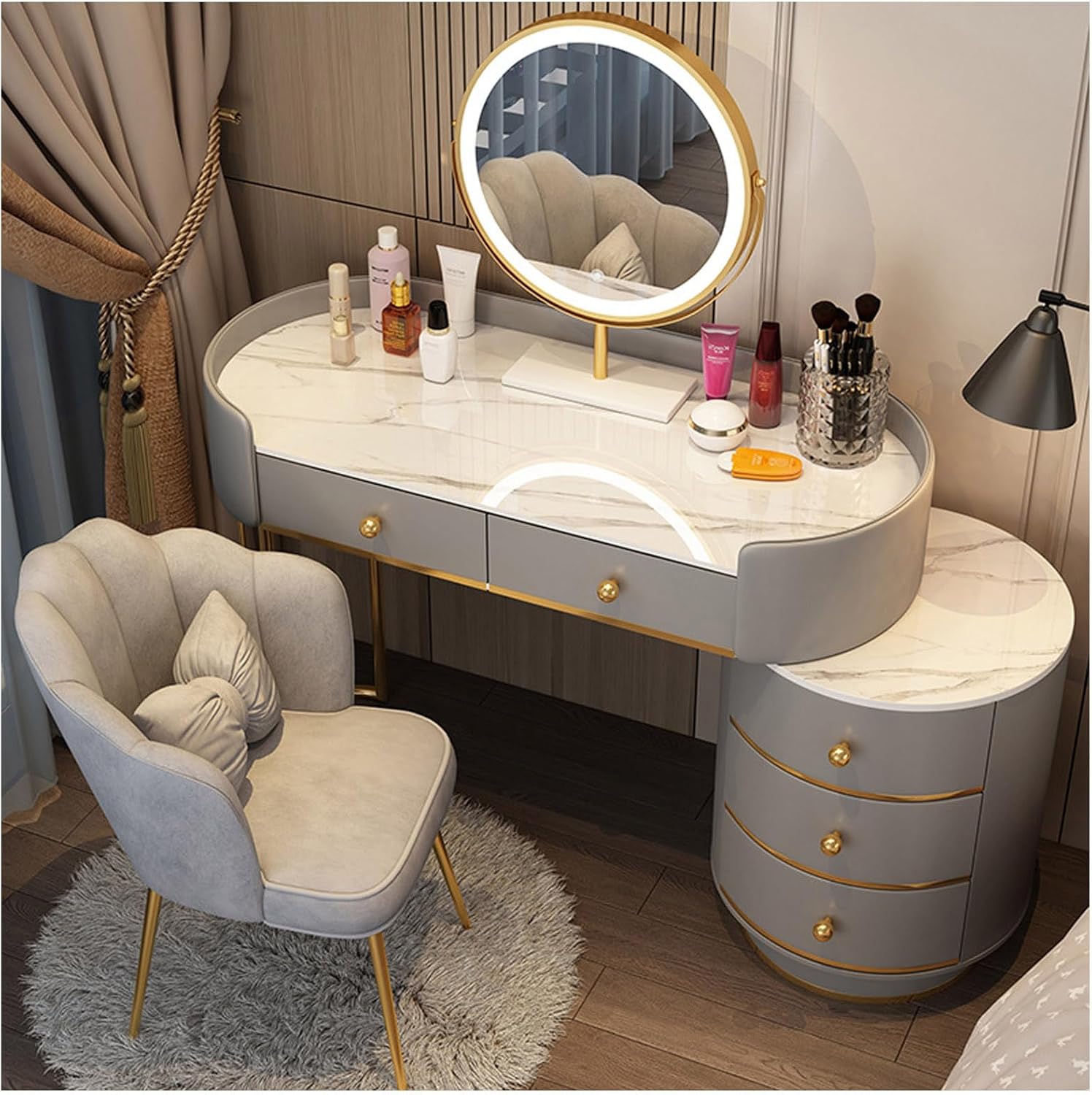 Moderne Schminktisch mit Spiegel, 3 Einstellbaren Helligkeitsstufen,Kommode mit 5 Schubladen,Stuhl,Verstellbarer Seitenkommode und Ausziehbarem Design, fur Schlafzimmer,Zuhause
