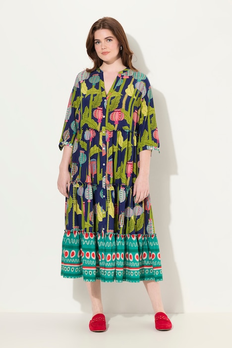 Maxikleid, Stehkragen, V-Ausschnitt, 3/4-Arm, Knöpfe