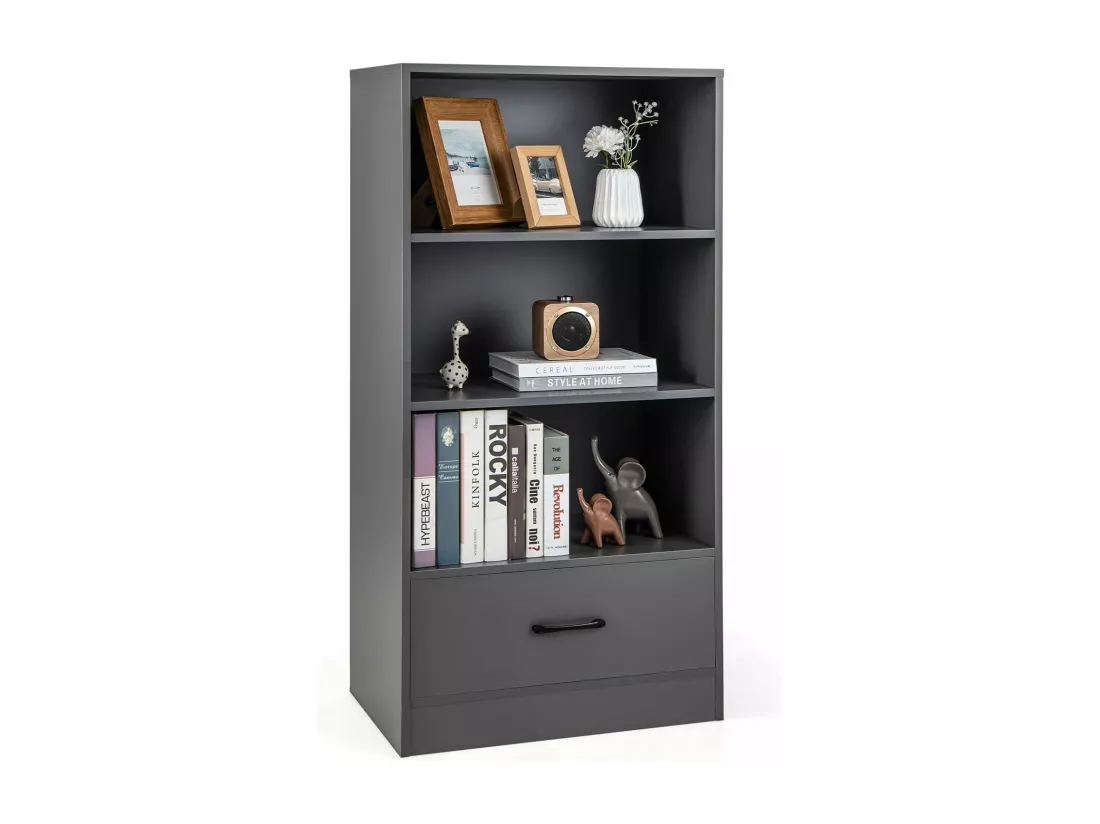 Bibliothèque étagère en bois à 4 niveaux avec grand tiroir (60 x 38 x 120 cm,gris)