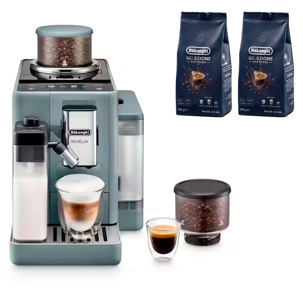 Delonghi Rivelia Helautomatisk kaffemaskin, grå & 2 stk kaffebønner DLSC600