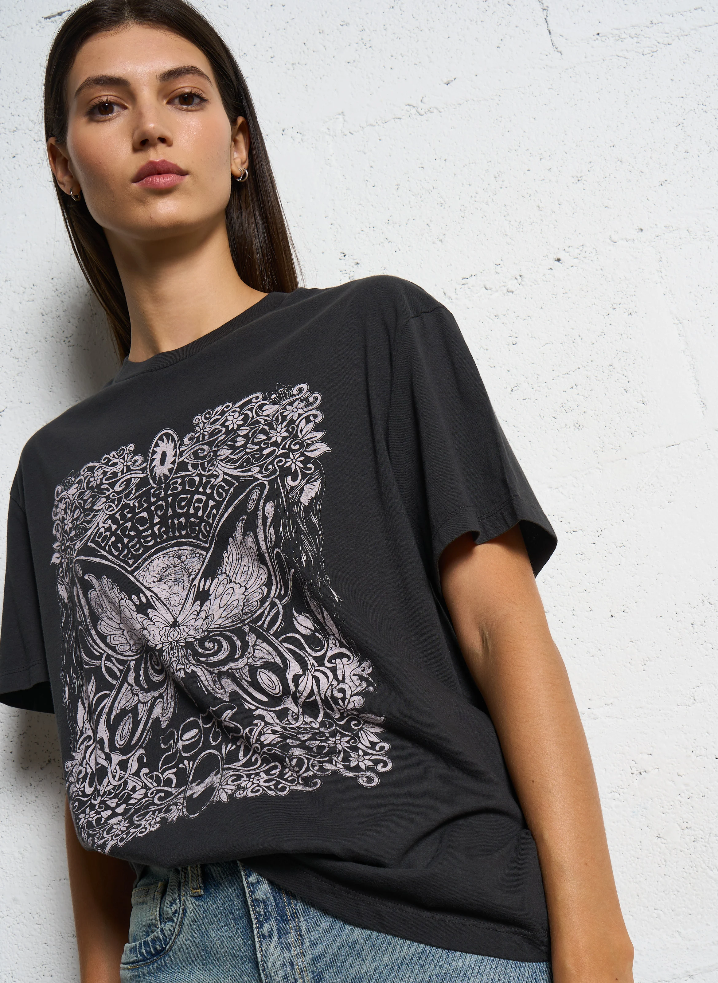 TROPICAL FEELIN - Tee-shirt droit col rond imprimé en coton | Noir