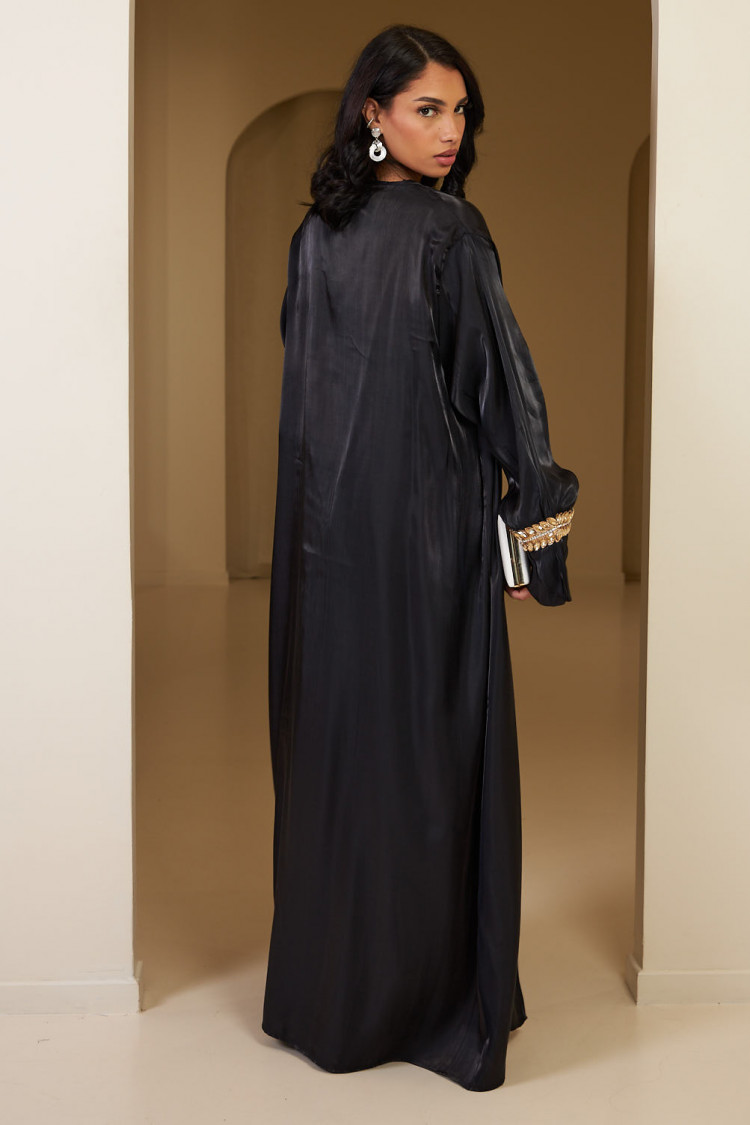 Ensemble 2 pièces abaya + gilet + voile satinée et pailletée noir