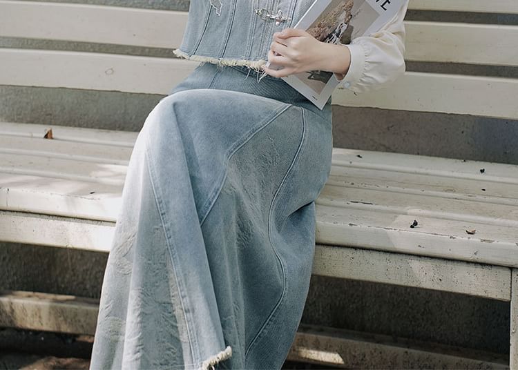 Cocaliso - Effen overhemd met kraag / Gewassen denim vest / Midi A-lijn rok met gemiddelde taille / Set
