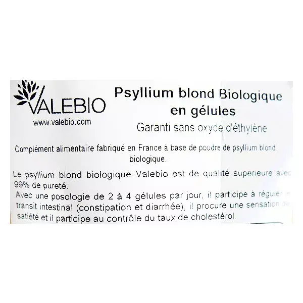 Valebio Psyllium Blond Orgânico 90 cápsulas