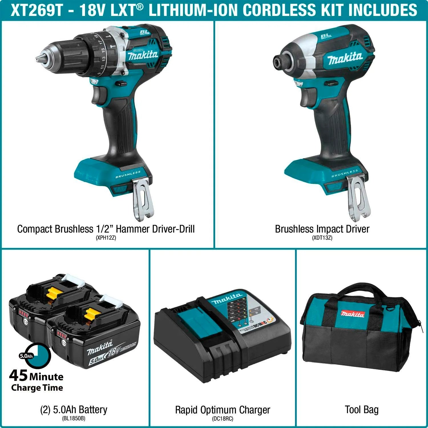 Makita&reg; LXT&reg; Cordless 2-Pc. Combo Kit, 5.0Ah, 18V, Lithium-Ion, Brushless, 530ft lbsTorque