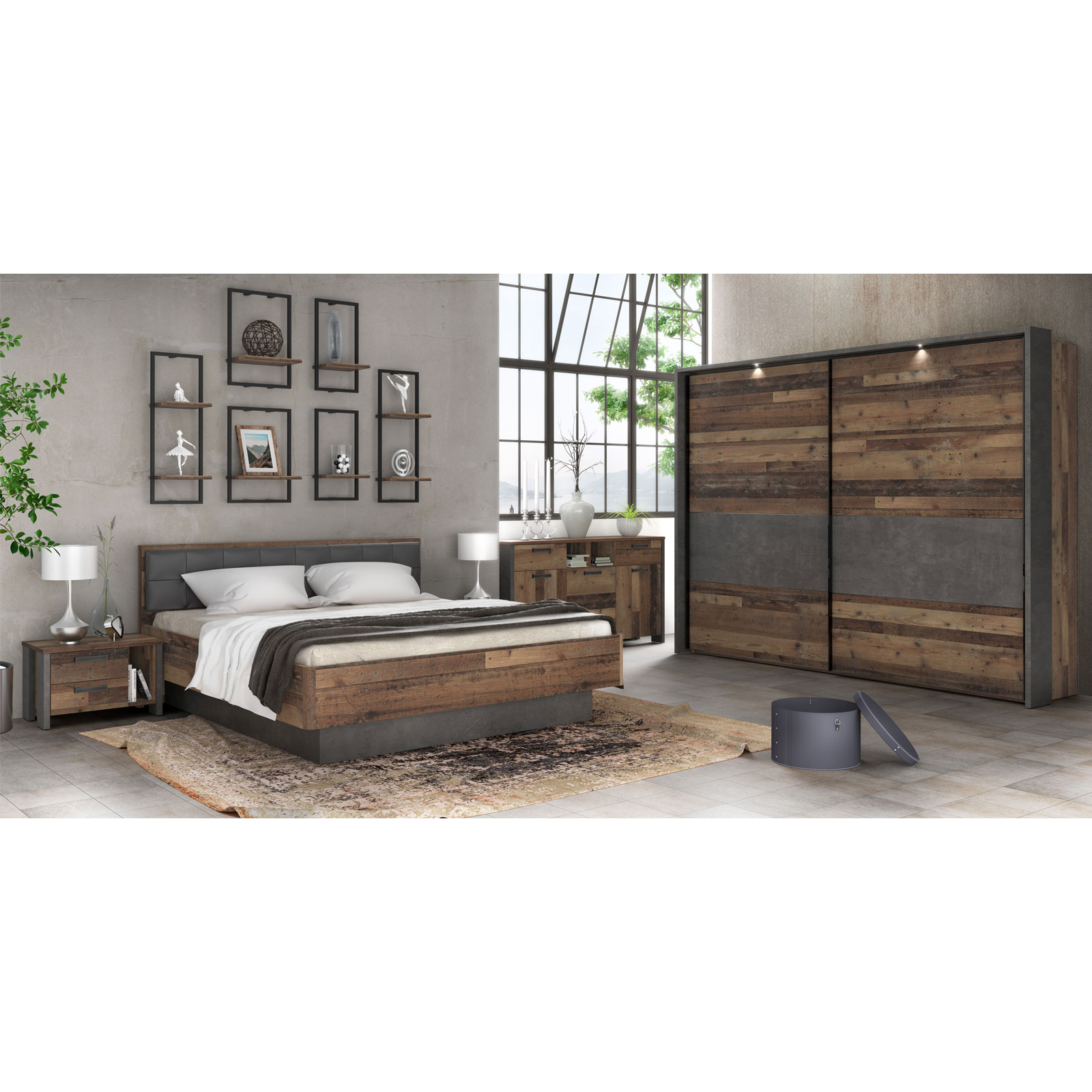 Schwebetürenschrank - Old Wood Vintage-Betonoptik - 2 Türen - 269,9 cm