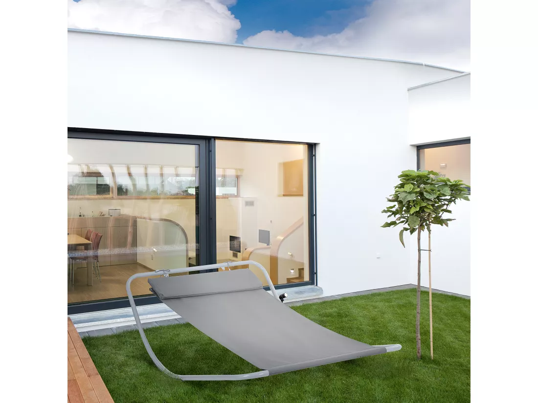 Bain de soleil transat de jardin bascule hamac 212L x 130l x 60H cm gris