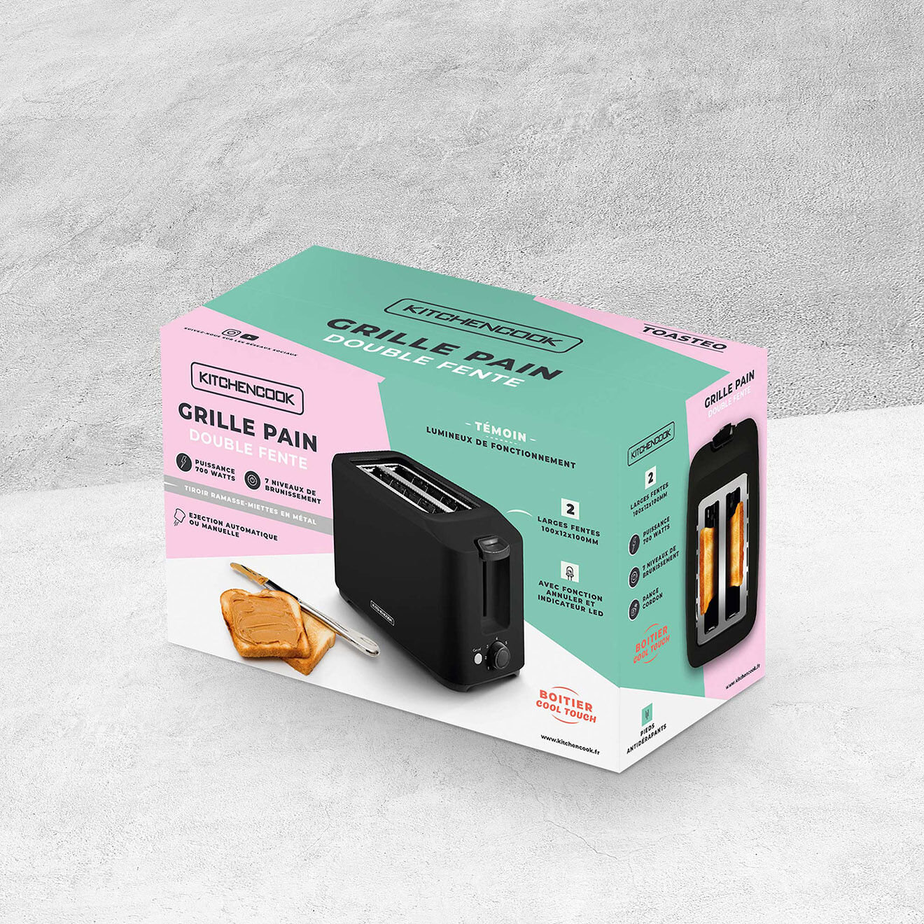 Kitchencook Grille-pain avec 2 fentes toasteo noir
