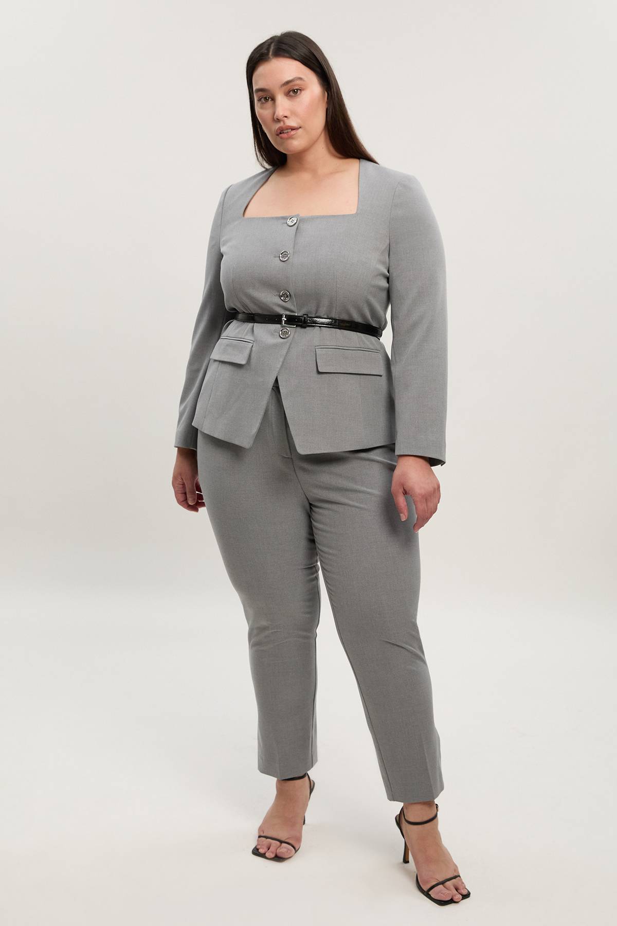 KarenMillen Blazer Grande Taille Cintré Chiné à Col Carré avec Ceinture