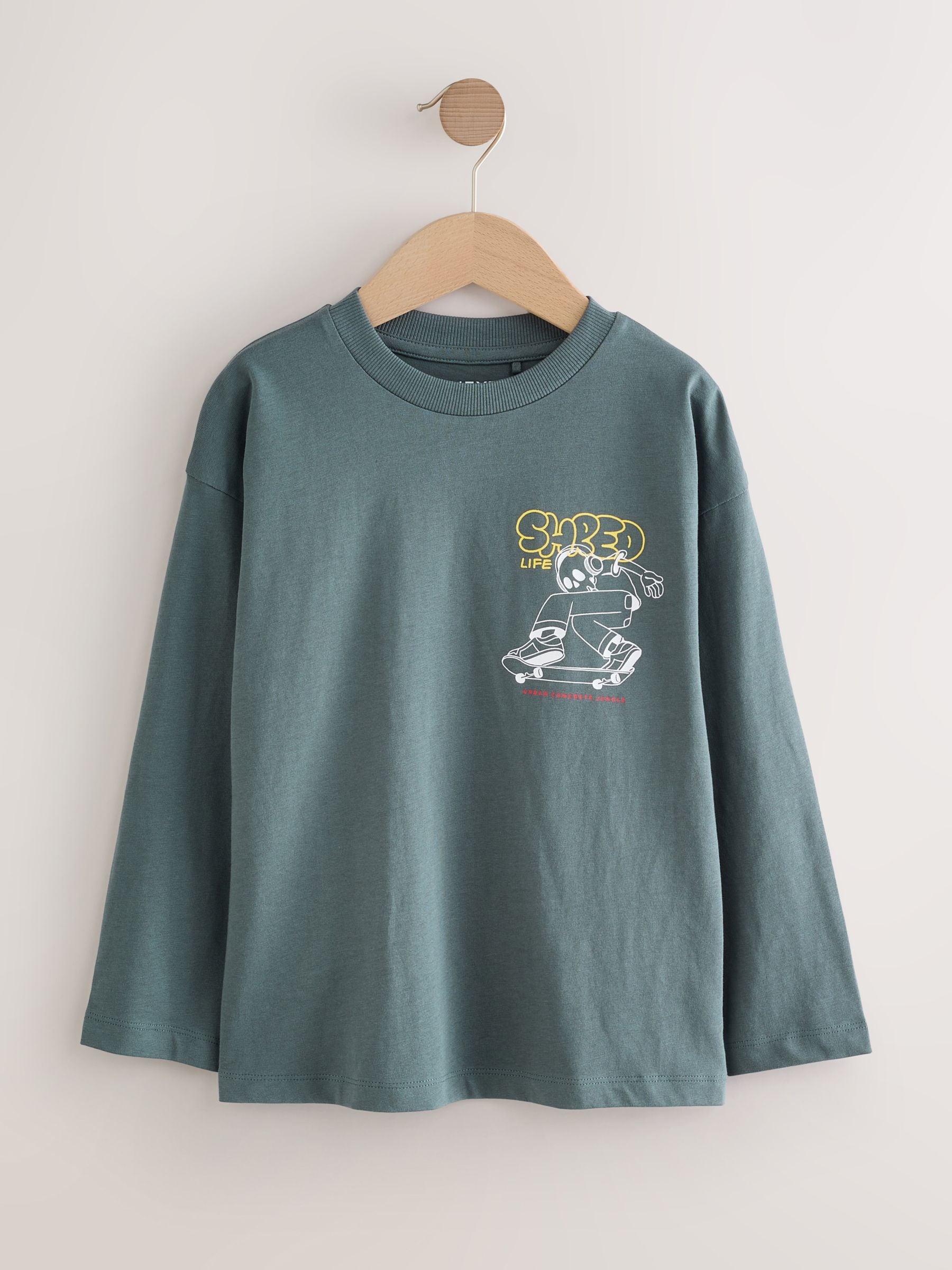 Grijs met print aan de achterkant - Relaxed Fit Graphic Long Sleeve Cotton T-Shirt (3-16yrs)
